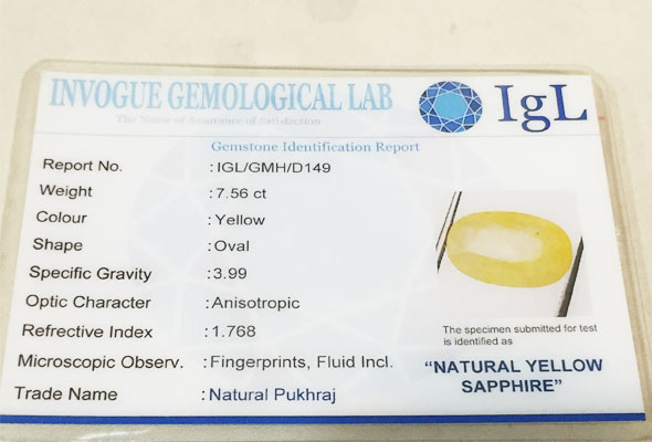 7.56 ct/8.40 ratti Natural Certified Ceylon Pukhraj/Yellow Sapphire